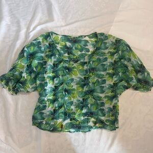 378 Larson Gray Elegant Floral Flowy Sheer Blouse Green XL